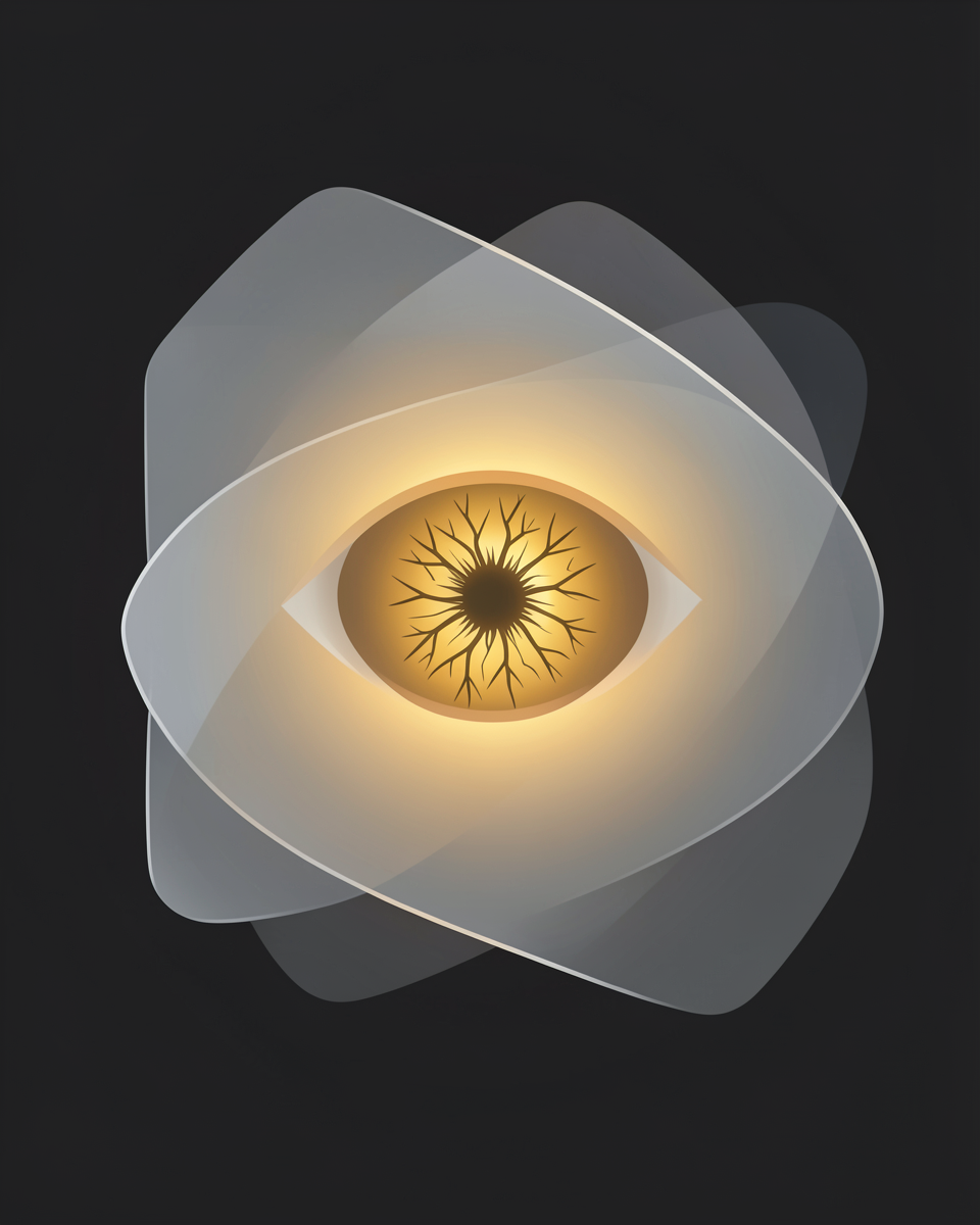 A glowing eye reading through layered documents